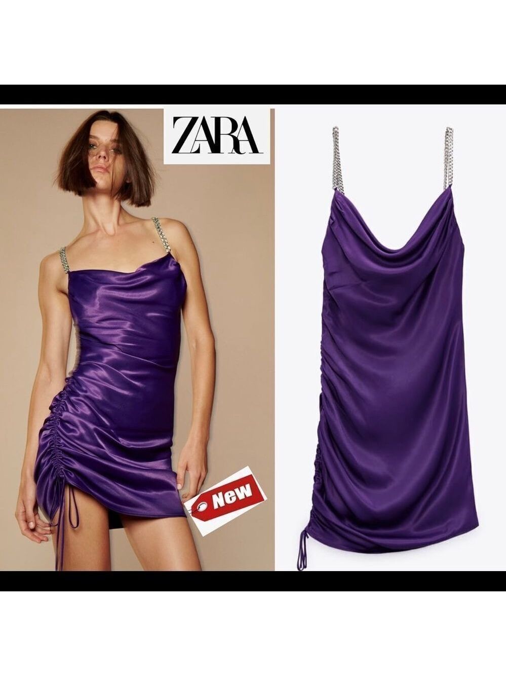 Zara purple draped ruched satin effect rhinestone bloggers fave dress Sz L NWT